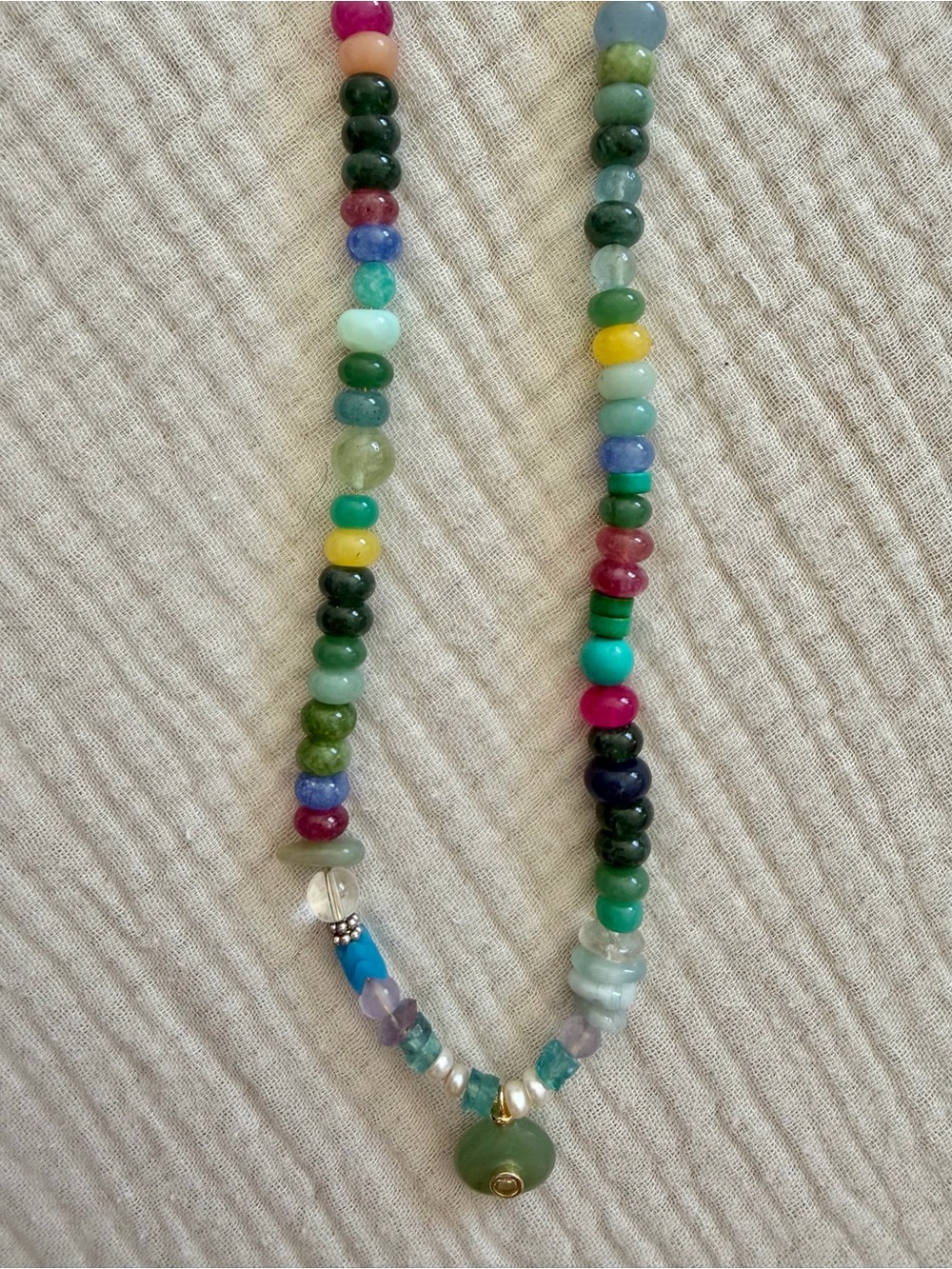 Multicolor Crystal Bead Necklace - Vibrant Green Accent w Turquoise and Pearls!